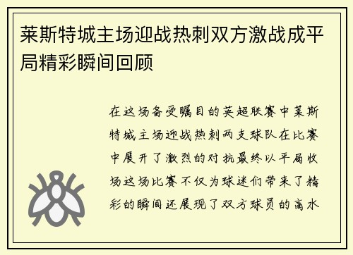 莱斯特城主场迎战热刺双方激战成平局精彩瞬间回顾